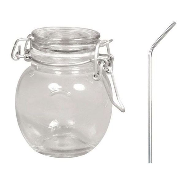 Glasburk med lock + 4 sugrör i rostfritt stål beige