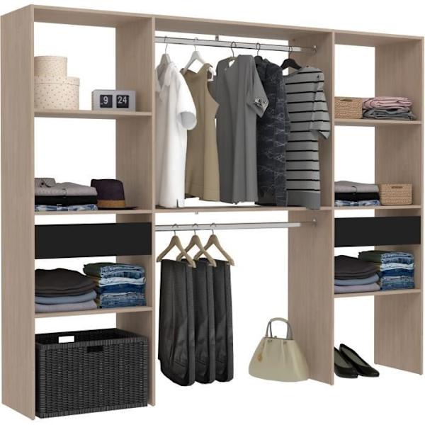 ARTIC EKIPA omklædningsrumssæt - Jackson eg og sort melamin indretning - 2 garderobeskabe + 2 skuffer - L220 x D40 x H180 cm - Made in France Jackson ek och svart