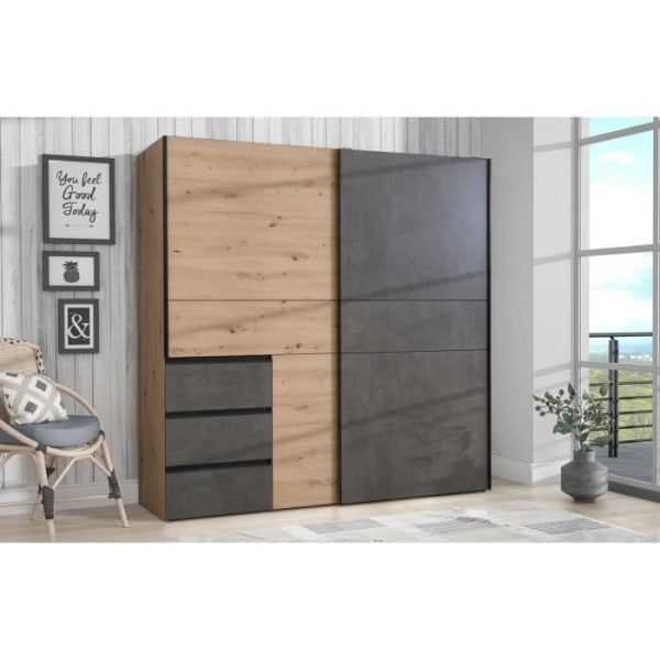 Garderobe med 2 skydelåger og 3 skuffer - Håndværker eg og grå betonindretning - L 200,1 x D 61,2 x H 200,5 cm - WINN2