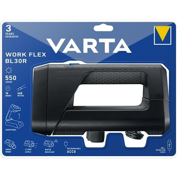 Bærbart lys-VARTA-Work Flex BL30R-550lm-Kraftfuld-Justerbar belysning-IPX4-Snor inkluderet-Genopladelig Svart