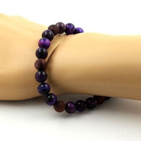 Sten og mineraler. Purple Tiger's Eye Beads Armbånd + Matrød Tiger's Eye Beads Armbånd 8 mm. Fremstillet i Frankrig.