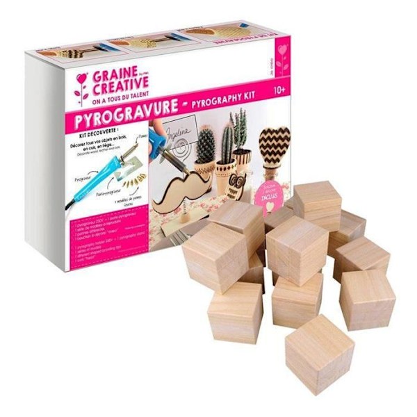 Coffret til pyrogravur + 16 træklodser 6 cm