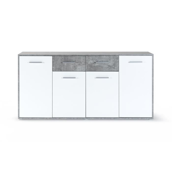 PILVI låg skänk - 4 luckor och 2 lådor - Vit och lätt betong - L 162,3 x D 34,2 x H 88,1 cm Vit/ljusgrå betongoptik