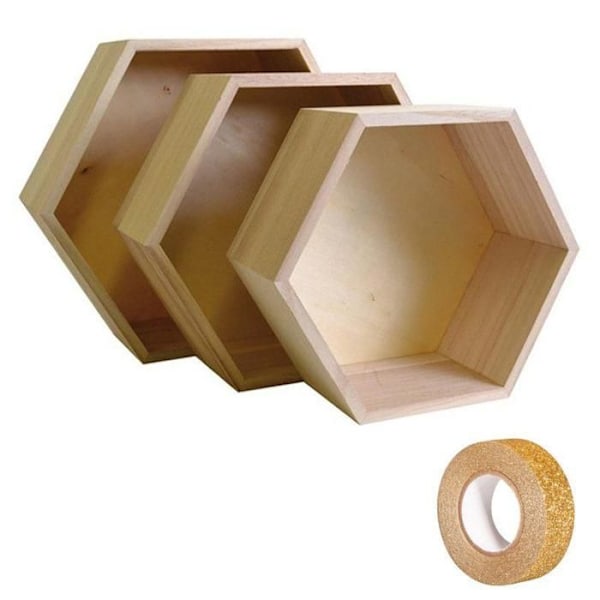 3 hexagonala hyllor i trä + 5 m guldglittrig maskeringstejp Beige