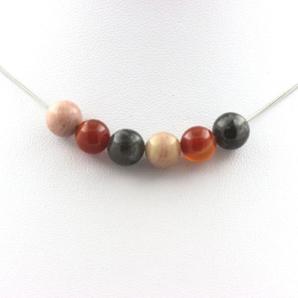 Kaulakoru - A Bijoux - Rodoniitti, Labradoriitti, Suonikkihiottu akaatti - 8 mm - Ruostumaton teräs - Sekä miehille että naisille Rosa, grå
