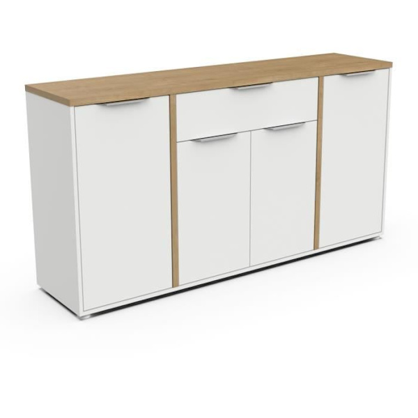 ADGANG skænk - 4 låger + 1 skuffe - Hamilton eg og hvid indretning - L 160,7 x D 39,6 x H 85,6 cm - DEMEYERE Matt vit och ljust trä