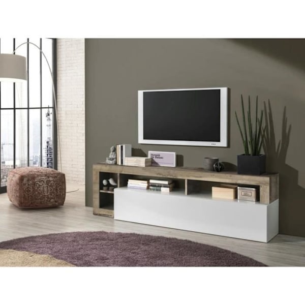 TV-kaappi 1 ovella - Lakattu valkoinen viimeistely ja vintage puuefekti - P 184 x S 42 x K 56 cm - MAESTRO vintage träeffekt / Blank Vitlacker