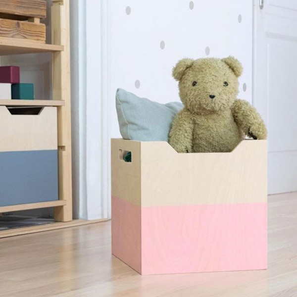Förvaringslåda i trä modell 4 - handtag - Rosa och naturligt trä - 33 x 33 x 37 cm Rosa