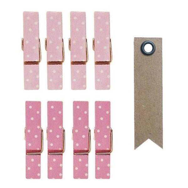 8 mini lyserøde magnetiske tøjklemmer 3,5 cm + 20 vimpel kraftetiketter Rosa