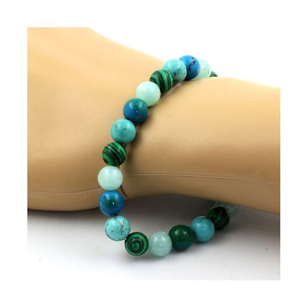 Sten og mineraler. Angelite + Malachite + Turkis + Chrysocolla Beads Armbånd 8 mm. Fremstillet i Frankrig. Turkos