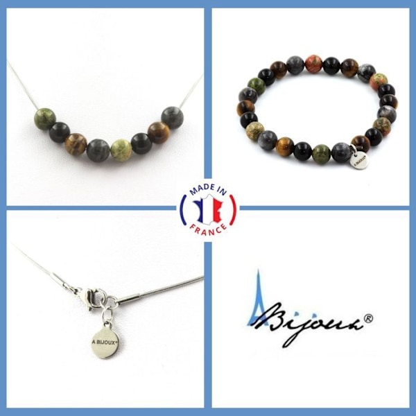 Kivet ja mineraalit. Labradorite + Tiger Eye + Unakite Beads Rannekoru kaulakorusetti + Mukautettava koko. Labradorit, Tigeröga, Unakit, Svart