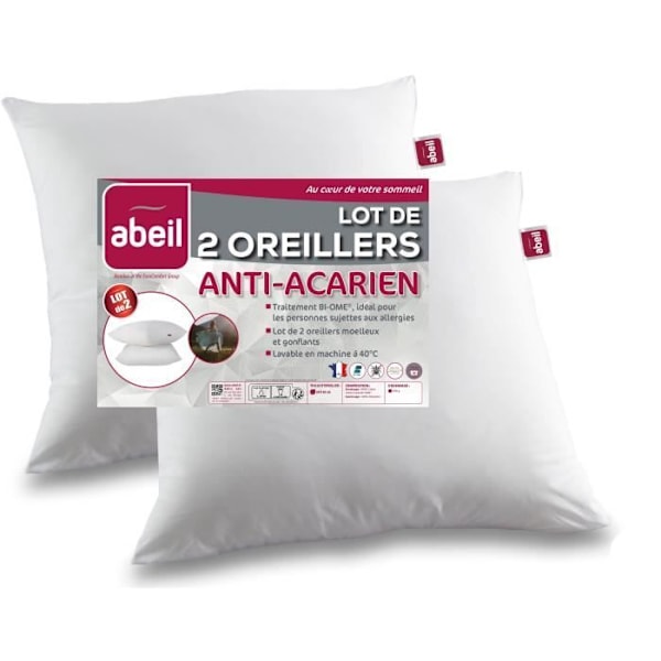 Set med 2 anti-kvalsterkuddar - 60 x 60 cm - 100 % Biome®-behandlad bomull - ABEIL Vit