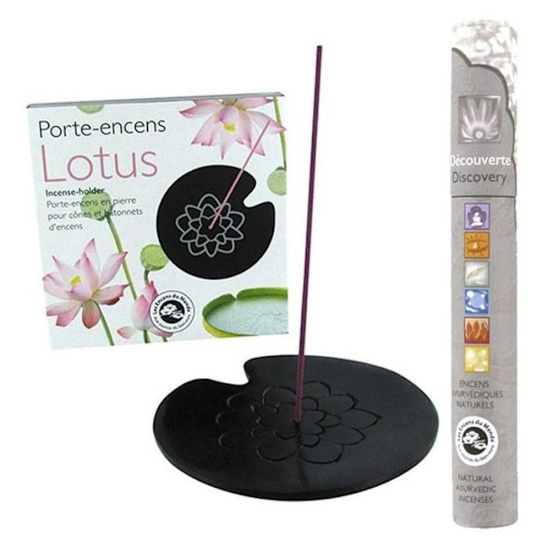 Lotus-røgelsesholder i sort sten + 14 ayurvediske røgelsespinde Svart