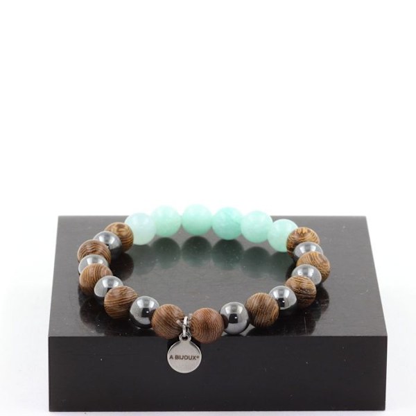Sten og mineraler. Amazonite Beads Armbånd + Hæmatit + træ 8 mm. Fremstillet i Frankrig. Amazonit, Hematit