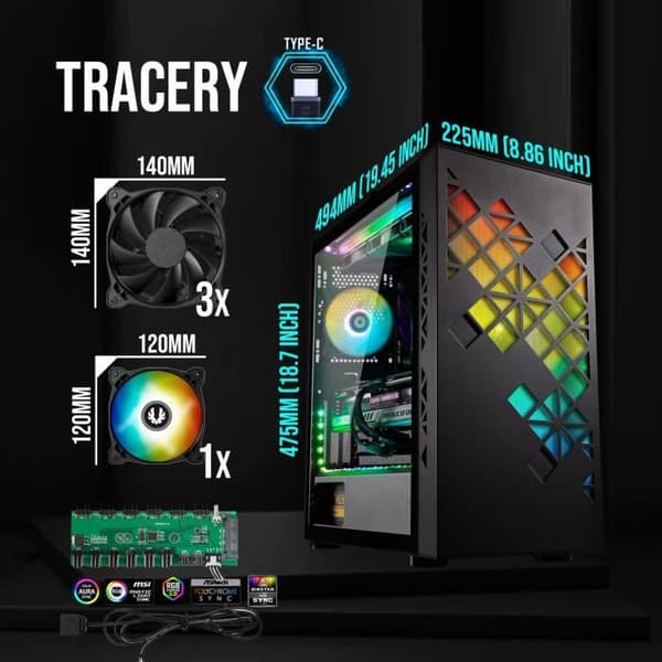PC-kabinet uden strømforsyning - BITFENIX Tracery ARGB (Sort) - Mellem-tårn - E-ATX-format