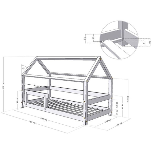 TERY Barnstuga Säng 120 x 200 Grå Grå