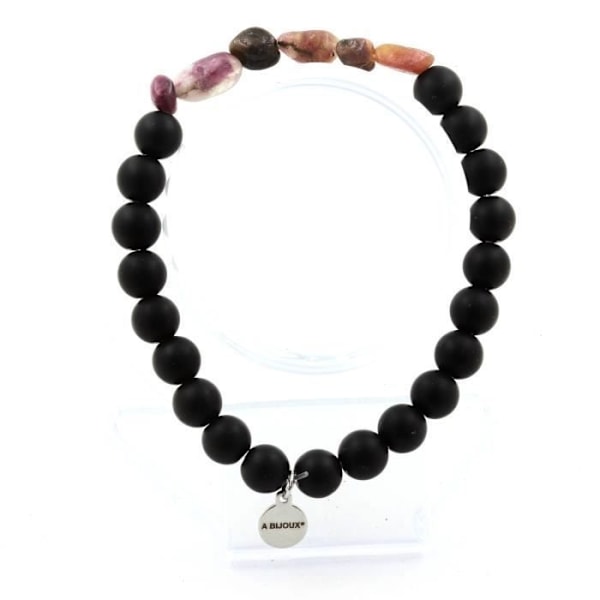 Sten og mineraler. Rubellite Tourmaline Armbånd fra Brasilien + Mat Sorte Onyx Perler 8 mm. Fremstillet i Frankrig.