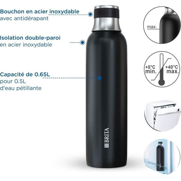 Isoleret flaske BRITA - Kompatibel med SodaTRIO - Kapacitet 0,65L - Rustfrit stål - Sort Svart