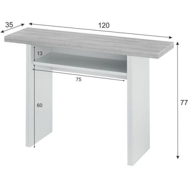 TAVOLO udtrækbart sidebord / konsol - Betongrå melamin - L 120 x D 35/70 x H 75/77 cm ARTIK VIT / CEMENT