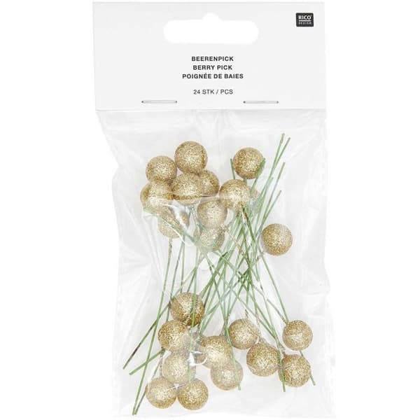 24 glitrende gyldne bær 8 cm gyllene