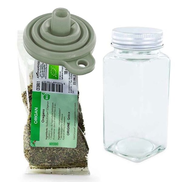 Maustejauhepullo + suppilo + luomu oregano 18 g