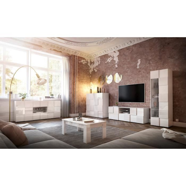 MILANO skänk - Blanklackerad vit dekor - 2 luckor 2 lådor - L181 x D43 x H84 cm Högblank vit lack