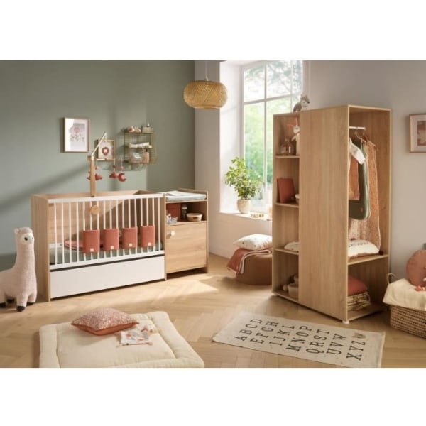 Kombinerad babysäng - 120x60cm - Kan konverteras till 90x190cm - Babyprice Up - Trädekor - Med 1-dörrars byta byrå