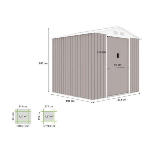 Metallisk trädgårdsskjul 4,07 m² - 213 x 191 x 195 cm - MARS - Ankarpaket ingår, 2 skjutdörrar - Taupe Mol