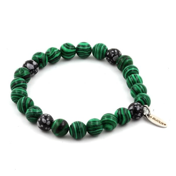 Stenar och mineraler. Malakit + Snowflake Obsidian Bead Armband 8 mm. Tillverkad i Frankrike.