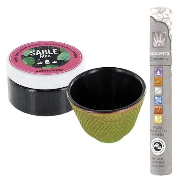 Grøn støbejern og sort sand kop røgelse holder + ayurvedisk røgelse Grön