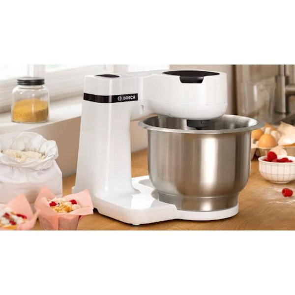 Kompakt multifunktionsrobot - BOSCH MUMS2EW20 - Stålskål - 3 skiver - blender 1,25L - Bagetilbehør inkluderet - hvid Vit