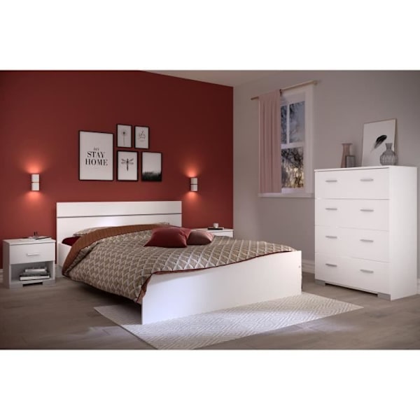 BOSTON komplett sovrum: 140x190 vuxen säng + byrå + 2 sängbord - Vit inredning - Made in France Vit