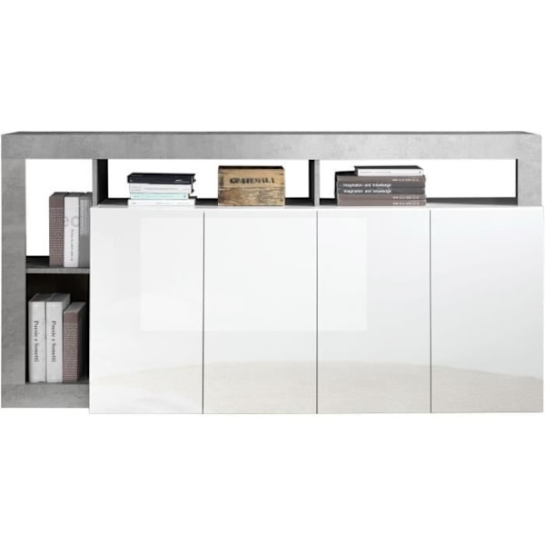 MAESTRO skænk - Beton og blank lakeret hvid indretning - 4 låger - L 184 x D 42 x H 93 cm Betongeffekt & Blank Vitlackerad