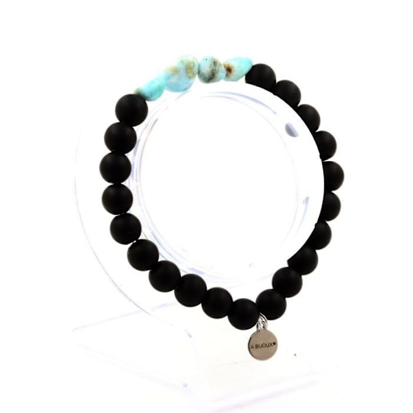 Stenar och mineraler. Dominikanska republiken Larimar Armband + Mattsvart Onyx Beads 8 Tillverkad i Frankrike. Mörkblå
