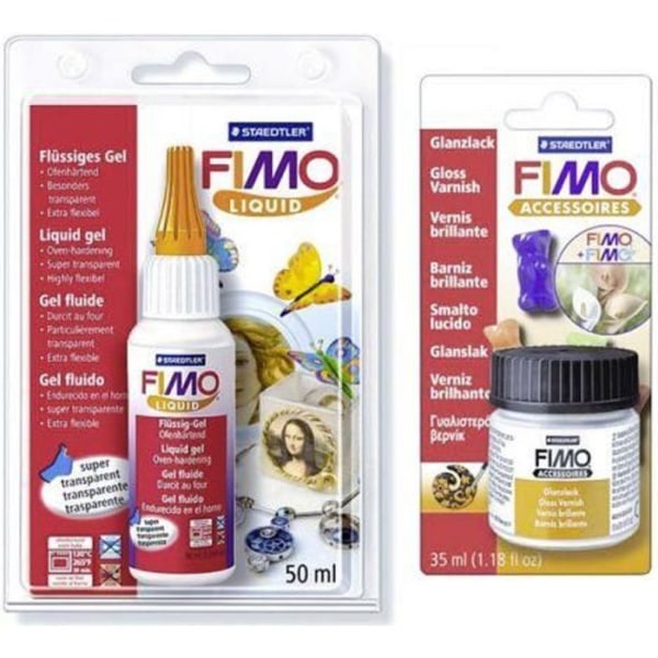 Detta kit innehåller en 50 ml tub med transparent flytande FIMO och en 10 ml glansig lack för FIMO-pasta. Transparent flytande FIMO