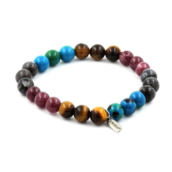 Stenar och mineraler. Tiger Eye Beads Armband + Labradorite + Lepidolite + Chrysocolla Tillverkat i Frankrike. Brun, blå, lila, grön