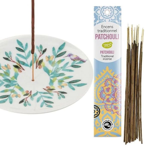 Akvarelporcelænsrøgelsesholder + indisk røgelse med Patchouli Flerfärgad