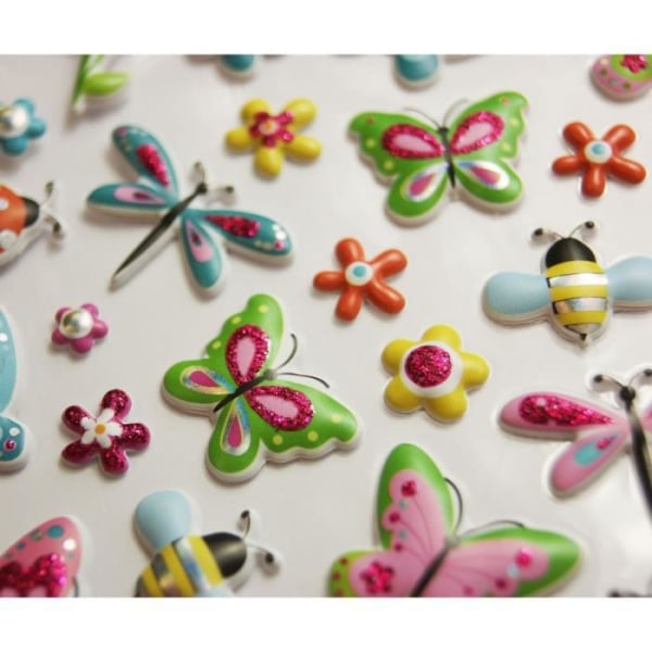Återanvändbara klistermärken - 3D-relief - Fjärilar och blommor - Glitter