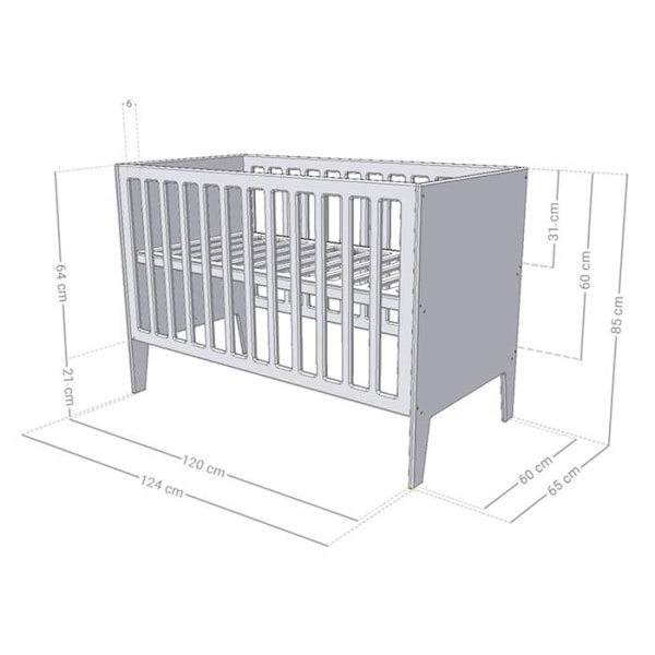 Vit evolutiv baby vit med naturliga lackade spjälor 60 x 120 cm Vit