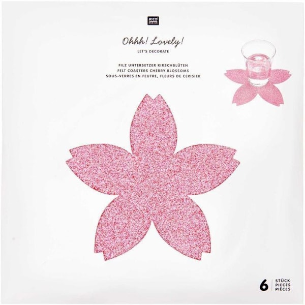 6 glitter-kirsebærblomsterunderlag, i filt, 19 x 19 cm Rosa