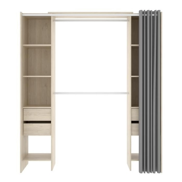 Expanderbart omklädningsrumssats med gardin och 4 lådor - Naturlig ekdekor - L 180-113 x D 50 x H 205 cm - DRÄKT
