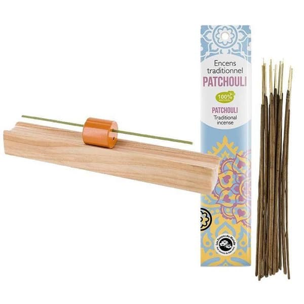 Hinoki ædeltræ røgelsesholder + indisk Patchouli røgelse brun