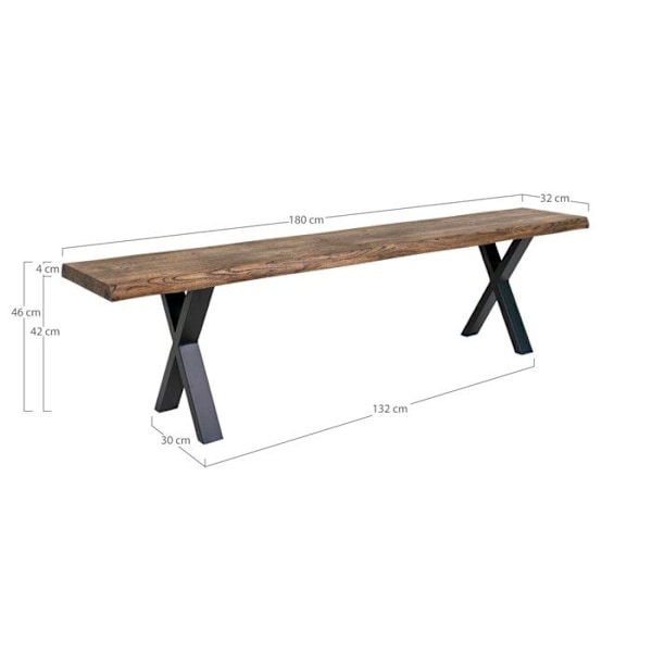 Bænk i røget oliebehandlet egetræ med bølget kant og sorte ben 180 x 32 x 46 cm Natur