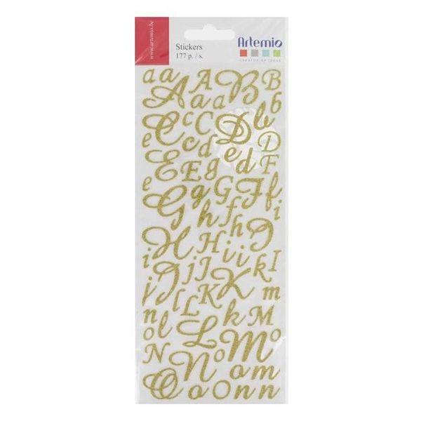 Alfabetklistermærke - Artemio - Glitterguld - 177 klistermærker - Store og små bogstaver - Blandet glitter guld
