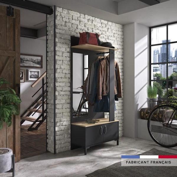 GAMI 2-dørs entreskab - Made in France - Sonoma eg og sort indretning - L 81 x H 190 x D 37 cm - BUTIK