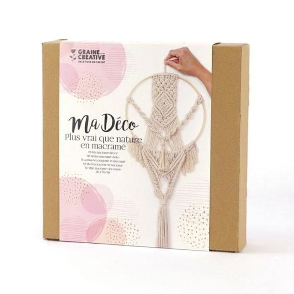 Macramé kit - Elfenben - Bambus cirkel ophæng - 26 x 70 cm - Bohemian dekoration - DIY