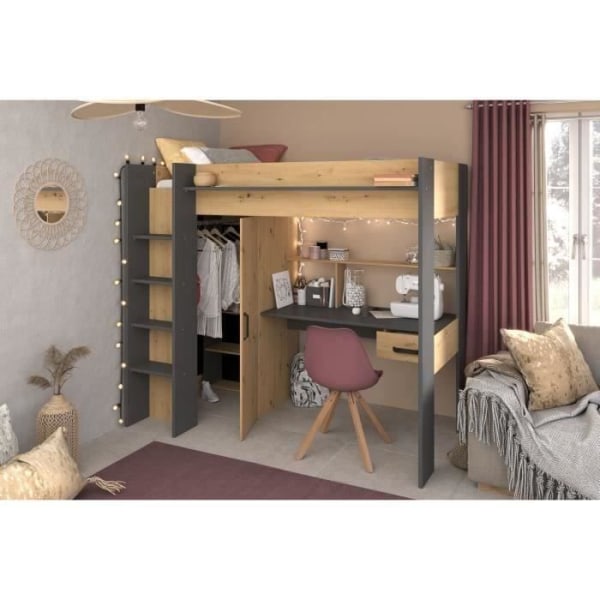 PARISOT HIGH kombinerad mezzaninbädd för barn - Ek och grå - Boxfjäder ingår - 90 x 200 cm Ek/Grå