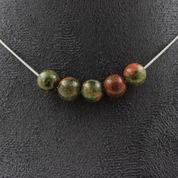 Collier - ABIJOUX - Unakite - 5 perler 8 mm - Rustfrit stål - Tilpasningsbar størrelse Grön
