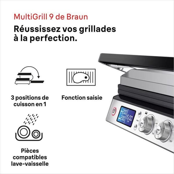 Multifunktionel grill - BRAUN - Multi Pro 9 - 2000 W - 3 varmeindstillinger - Sort / Stål Svart och rostfritt stål