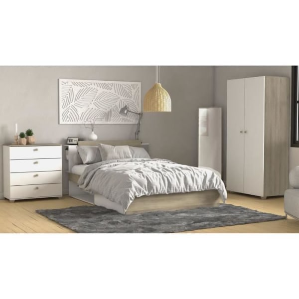 Komplett LIFE vuxen sovrum: Säng + byrå + Garderob - Ek och vit dekor - Made in France - DEMEYERE